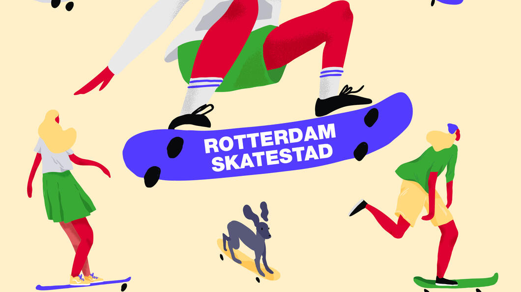Illustratie van vrouwelijke skaters met het logo van GroenLinks en de tekst 'Rotterdam Skatestad'